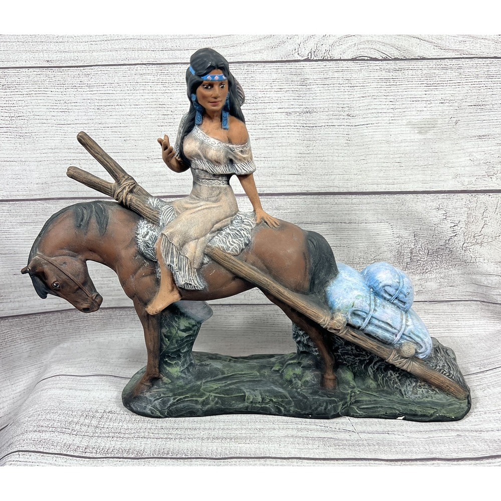Ceramic Figurine Indian Girl on Horse Hand Painted Large 11" USA